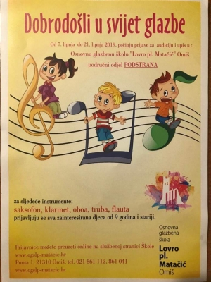 U Podstrani se otvara područni odjel Osnovne glazbene škole „Lovro pl. Matačić“ iz Omiša!